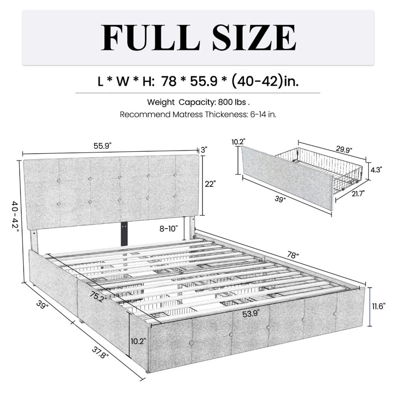 Silvester Modern Upholstered Platform Storage Bed with Wooden Slats, no box spring needed, Full