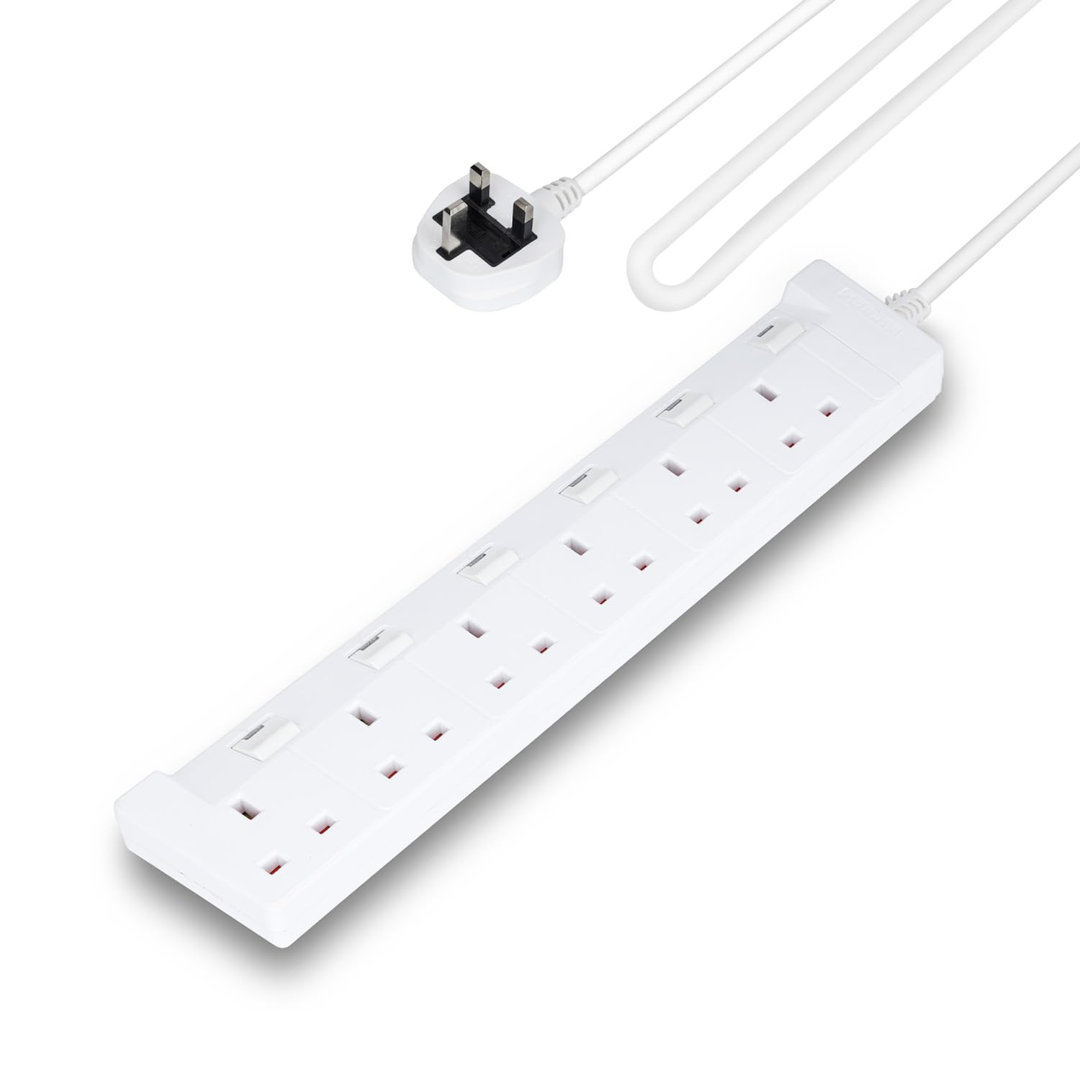 GEEPAS 6 Gang Extension Lead, 2M Cable | 6-Way Plug Extension Cable | 6 Socket Desk Power Strip With Individual Switches For Home Office | Heavy Duty