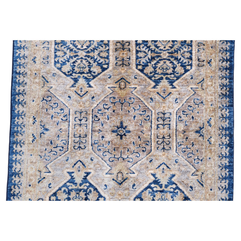 Tapis argenté et bleu noué à la main de haute qualité