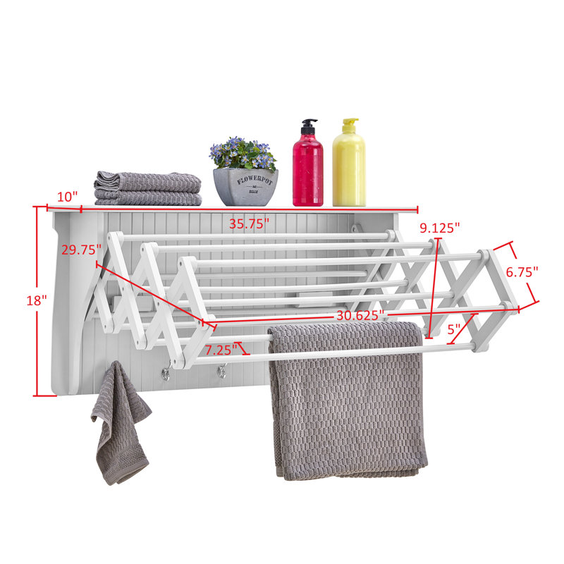 36" White Metal and Wood Wall-Mount Drying Rack with Hooks