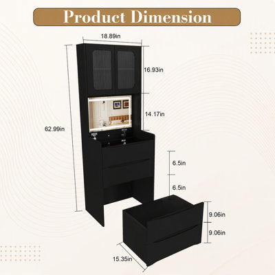 Table de coiffeuse 3-en-1 avec miroir à DEL et tabouret de rangement, coiffeuse de maquillage à dessus rabattable avec lumières réglables, organisateur de cosmétiques à 5 espaces de rangement pour la chambre à coucher