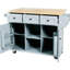 Îlot de cuisine avec rangement interne, 5 roulettes, abattant gris-bleu, 3 tiroirs pour un espace de bureau fonctionnel
