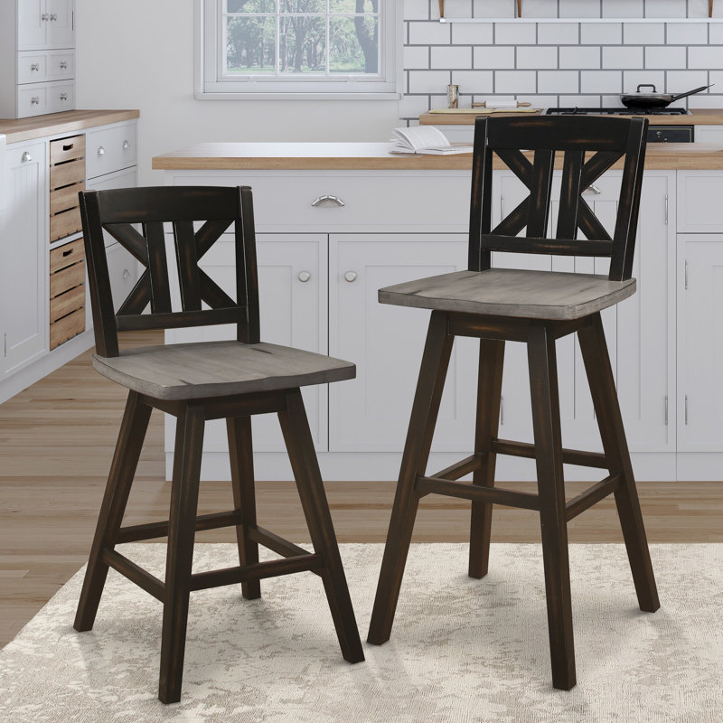 2 chaises de pub pivotantes à 360 ° en bois d'hévéa massif, gris et blanc, divisées, 2 chaises de salle à manger rustiques, en bois, pivotant à 360 degrés patiné,