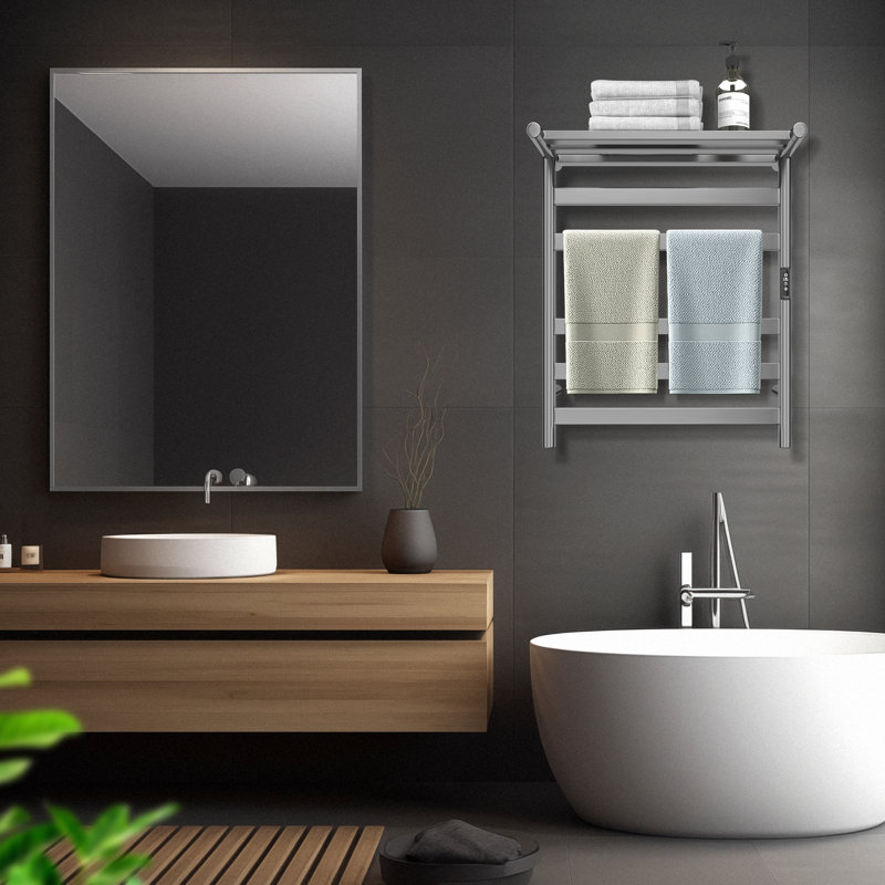 Chauffe-serviettes électrique mural avec tablette supérieure, Gris foncé brossé