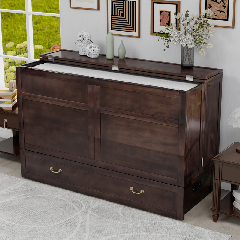 Armoire-lit escamotable en bois massif avec station de charge, grand tiroir de rangement, lit escamotable brun foncé (matelas non inclus)