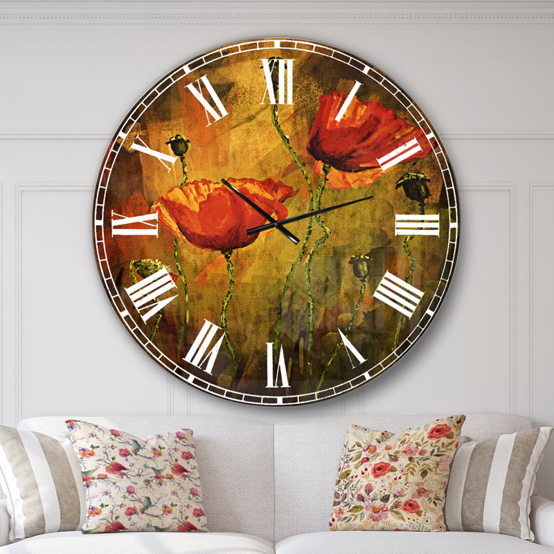 Watercolor Poppy Flowers - Horloge murale traditionnelle, Surdimensionné