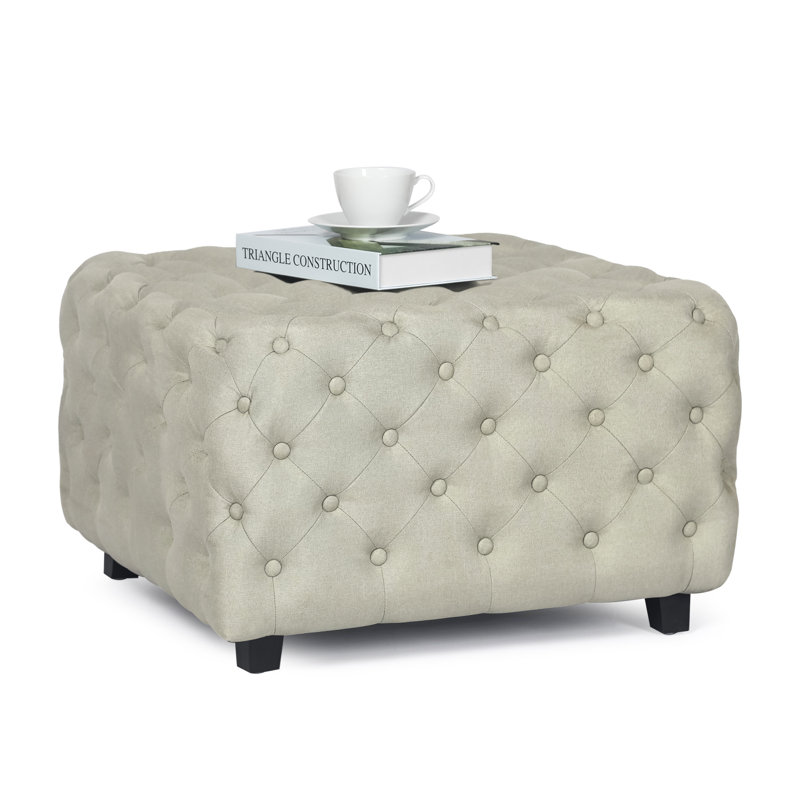 Adah Velvet Ottoman, Beige Linen