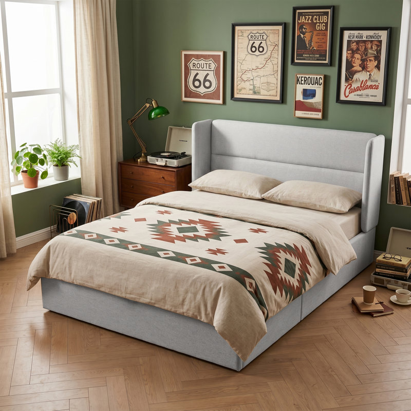 Lit plateforme tapissier avec rangement Gaillarde, Grand, Blanc grisâtre