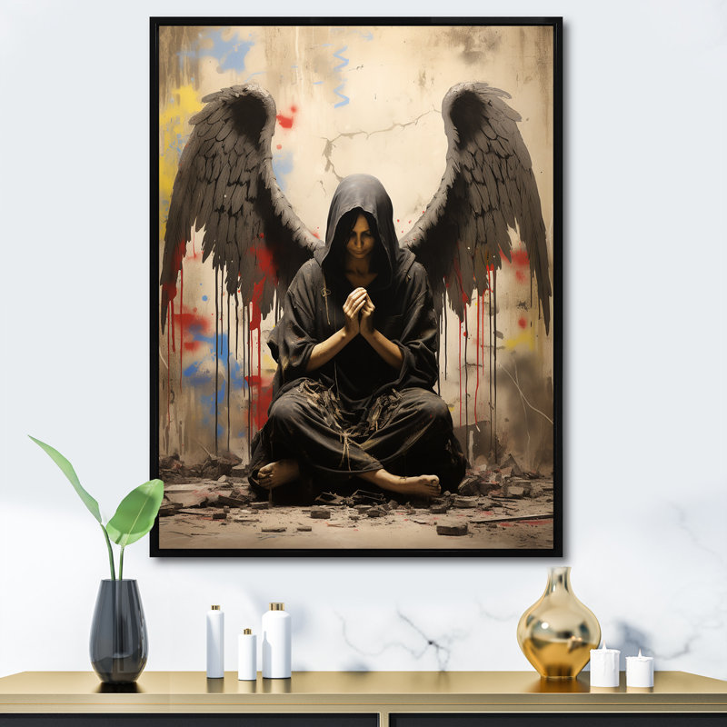 Angel Wings, art rebelle II - art mural Pop Art, Cadre flottant noir, H 44 po x l 34 po