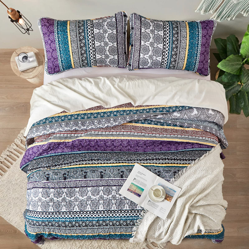 Ensemble de courtepointe 3 pièces Boho, Mauve, Courtepointe très grand et 2 très grandes taies 