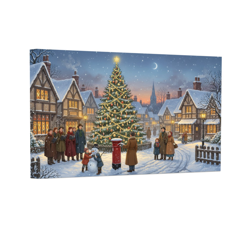 Village de Noël d'hiver, scène de Noël avec un arbre et des gens, H 16 po x l 24 po