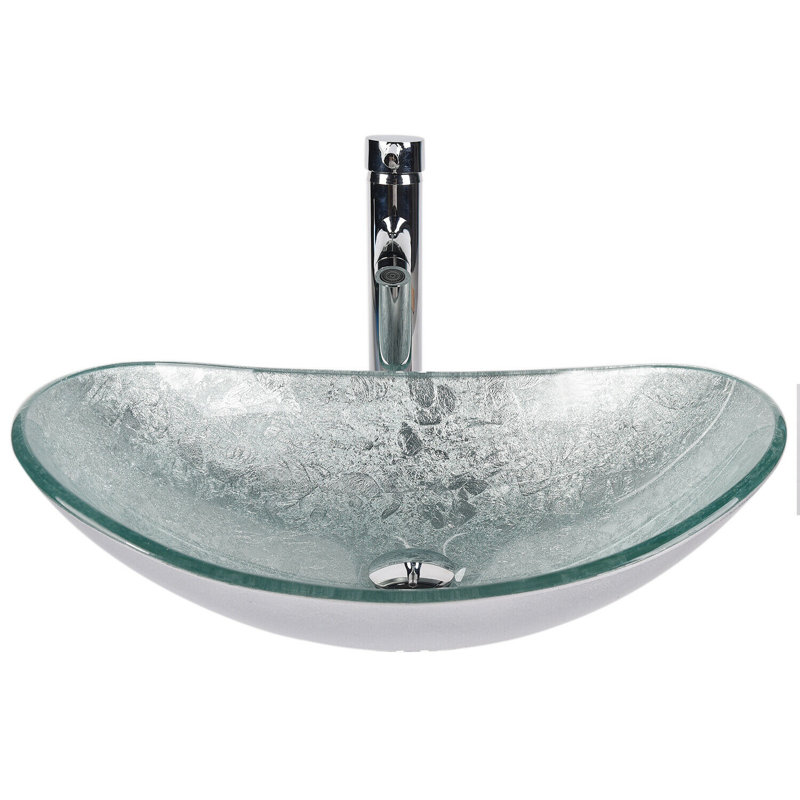 Wade Logan® Beyo 21'' Tempered Glass Oval Bathroom Sink with Faucet, Silver, Chrome