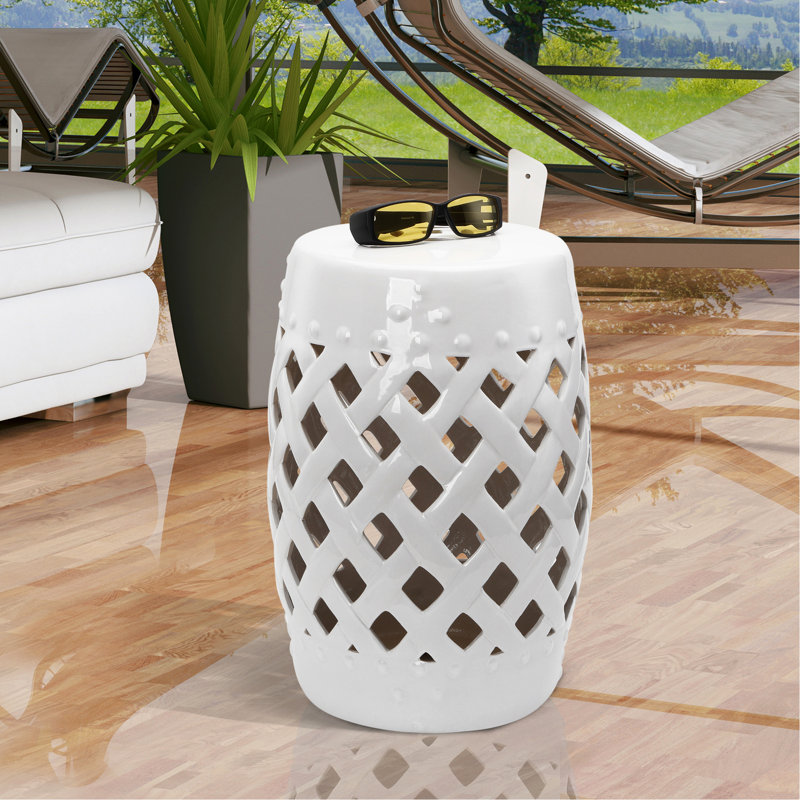 Tabouret de jardin blanc en céramique avec motif, 13 po x 18 po, siège de jardin en céramique et élégant, blanc, décoratif