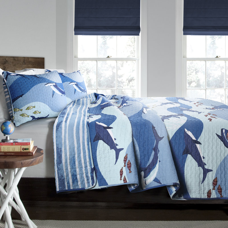 Ensemble de courtepointe réversible bleu 100% coton, Courtepointe simple + 1 taie décorative standard