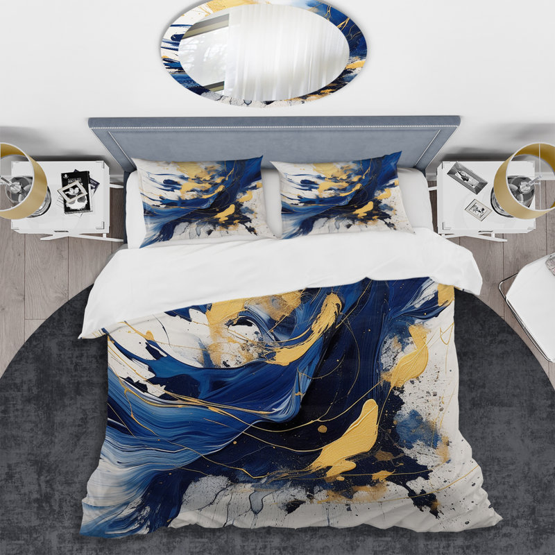 Ensemble de housse de couette en microfibre / polyester bleu foncé et doré Strokes V
