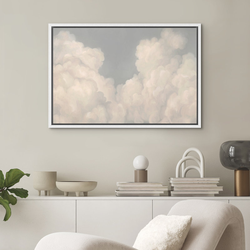 Framed Canvas Wall Art Print - Vintage Clouds Landscape Artwork Living Room Modern Minimalist Decor, 24" H x 36" W, White