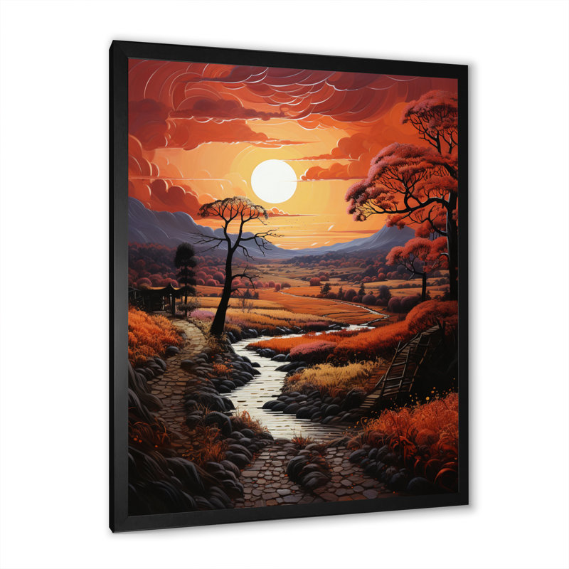 Paysage de campagne cramoisi II - impression, H 32 po x l 16 po x P 1 po, Cadre photo noir
