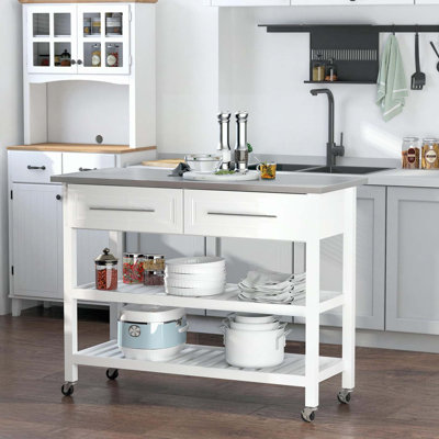 Kitchen Island with Stainless Steel Top, Open Shelves, and Drawers, Gray