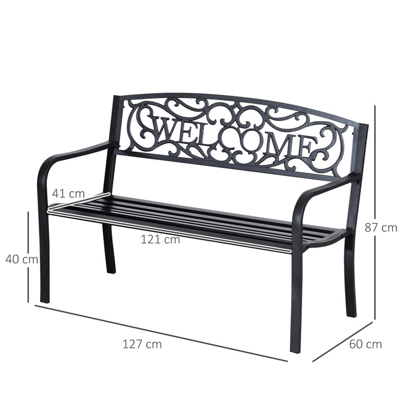 50" Outdoor Metal Patio Bench, Black With Slatted Seat For Garden, , Porch, Yard, Entryway, Coating 50.5" L X 22" W 33.75" H Garden