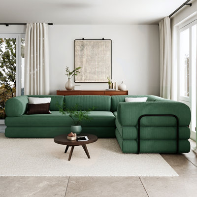 Boneless 116'' L-Shaped Modular Corduroy Sofa Bed, Convertible Sleeper Compression Sofa for Living Rooms