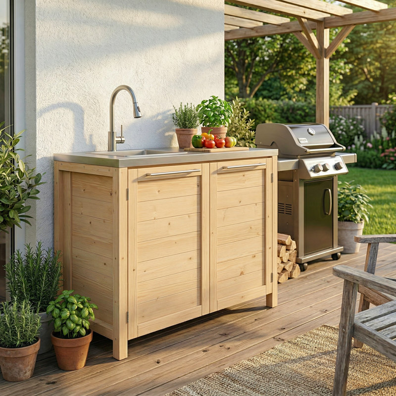 Armoire de cuisine d'extérieur en cèdre avec évier, Brun