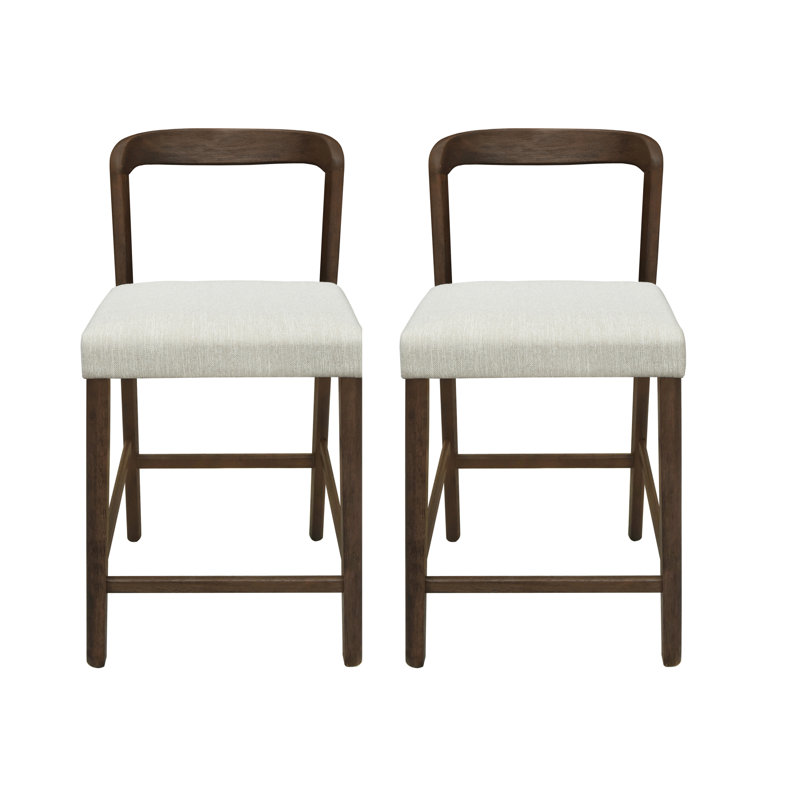  Tabourets de comptoir modernes en noyer et beige, ensemble luxueux de 2 chaises de pub haut de gamme, sièges en bois d'hévéa à dossier courbé contemporain