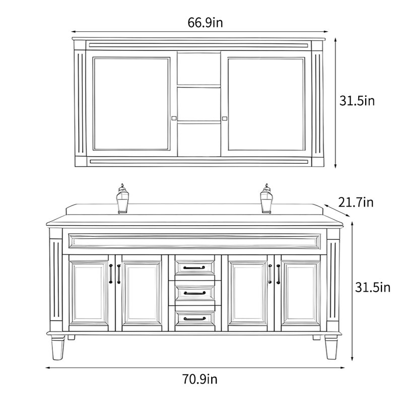 American retro floor-standing bathroom Vanity, 31.5" H x 70.9" W x 21.7" D