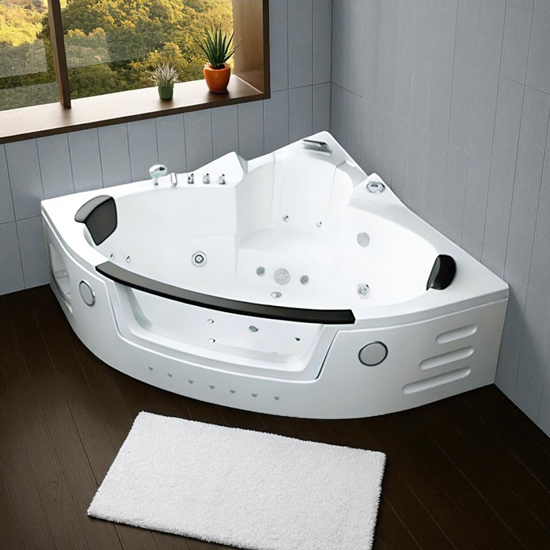 SANT’ANGELS 59" x 59" 2-Person White Corner Whirlpool Bathtub with Dual Pump, Heater & Chromotherapy