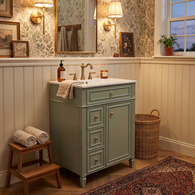 Meuble-lavabo classique 24 po / 30 po avec lavabo en céramique, armoire en bois massif avec 1 tiroir basculant et 2 tiroirs avec portes à fermeture en douceur (noir / blanc / vert)