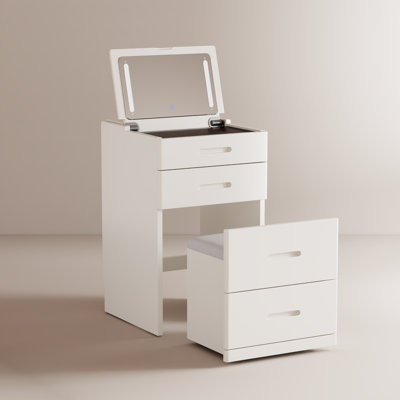 Solid Wood 3-in-1 Vanity Desk with Flip-Top Mirror, Hidden Chair, Adjustable LED Lighting and Power Outlet,  No installation required