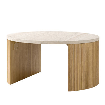 Jadida Celia Modern 36"W Fluted Round Coffee Table with Travertine Top