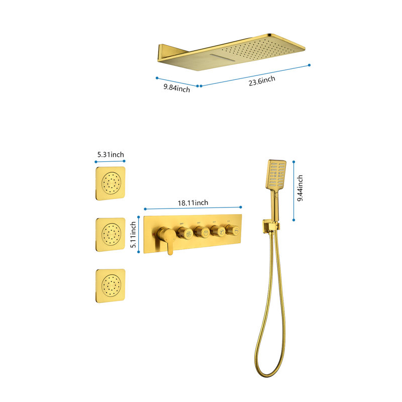 Robinet de douche cascade avec valve brute et 3 jets pour le corps, Or brossé
