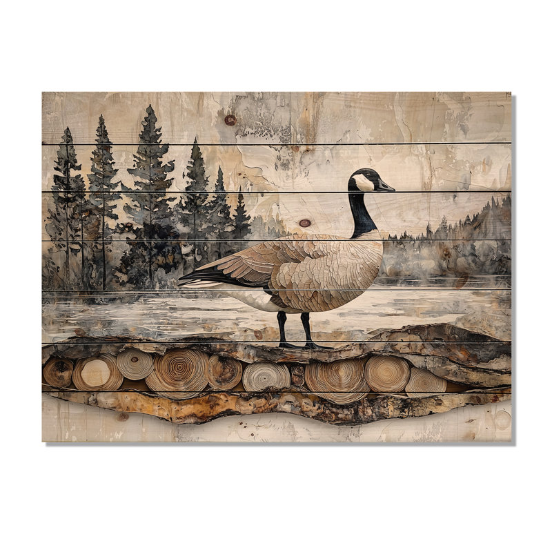 Bernache du Canada dans un paysage de forêt de pins II - Décoration murale animal en bois d'oie - sur bois de pin naturel
