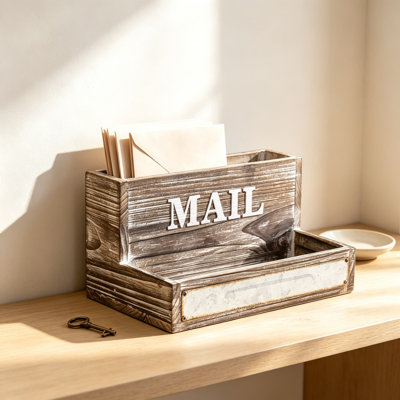 Farmhouse Wood Desktop Mail Organizer with Two Slots, Rustic Desk File Holder for Letters, Bills, and Office Supplies, Distressed Brown Wooden Mail Sorter for Home or Office Decor