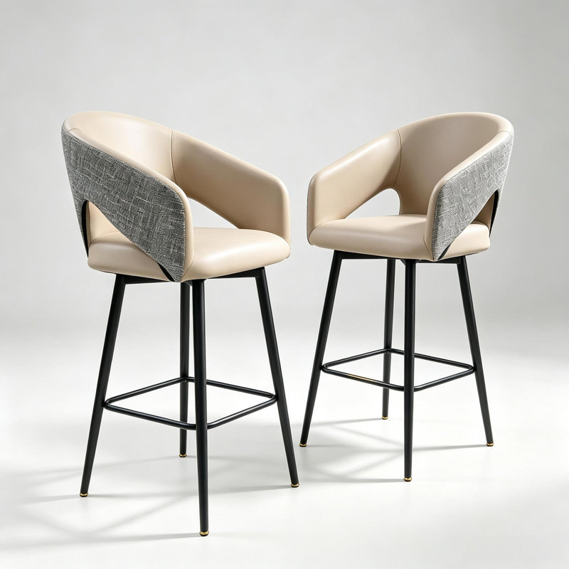 Swivel Upholstered Bar Stool with Iron Frame, Khaki