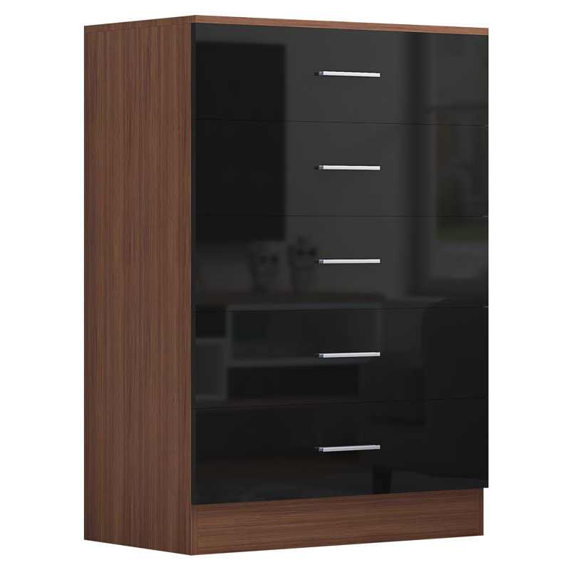 Eva High Gloss 5 Drawer Chest Of Drawers - H: 100cm x D: 40cm x W: 70cm, Walnut/Gloss Black