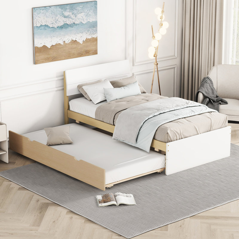 Lit simple contemporain avec tête de lit blanche ultrabrillante et cadre de lit gigogne en chêne, White/Light Oak