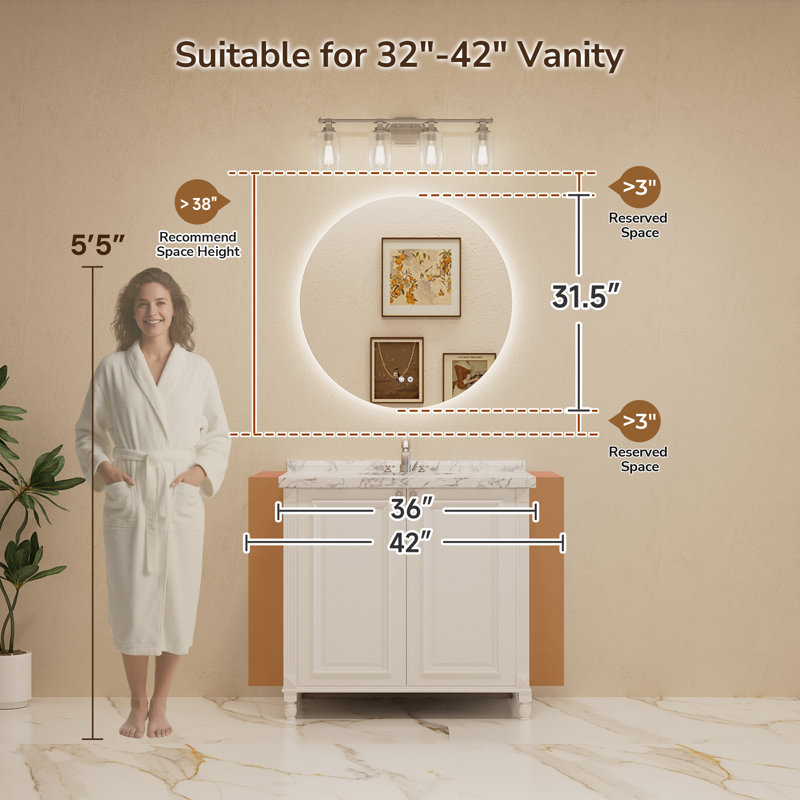 Adorna Round Frameless Backlit LED Bathroom Vanity Mirror, 32'' x 32''