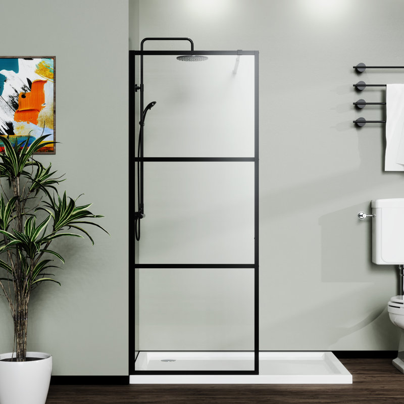 Porte de moustiquaire de douche noire de 34 po pour verre trempé épais de style barre supérieure réglable, support solide de 0,2 po à assembler au mur requis