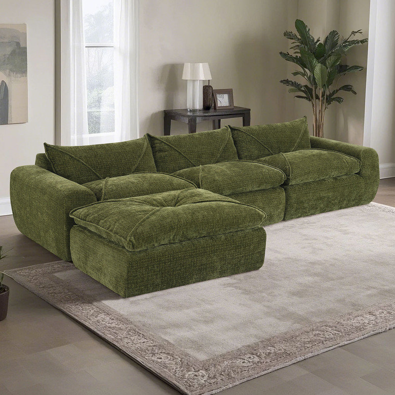 Boneless 116'' Modular Oversized Chenille Sofa with Movable Ottoman & Deep Seating, Green Chenille