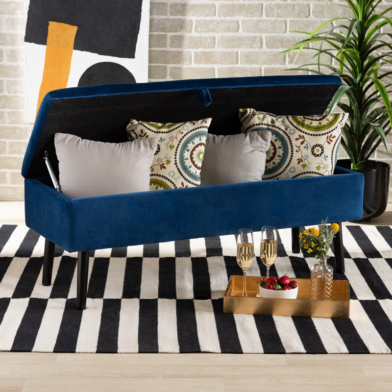 Banc de rangement à couvercle rabattable Troutville, Velours bleu marine