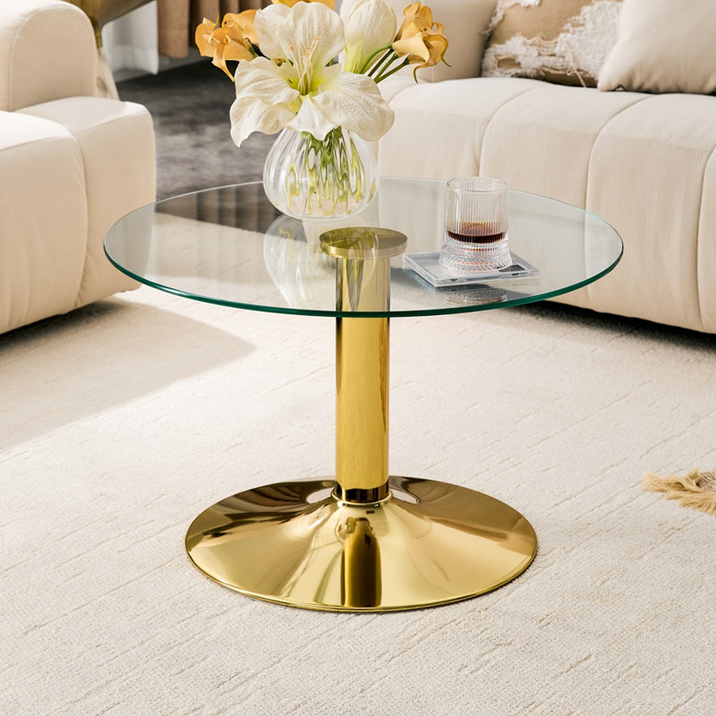 Table basse ronde en verre trempé de 27,5 pouces de diamètre, Doré