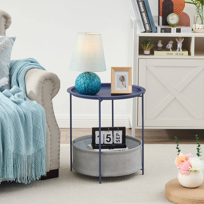 Jarrion End Table Set with Storage Bag Tray Top Foldable X-Shaped Legs, Blue