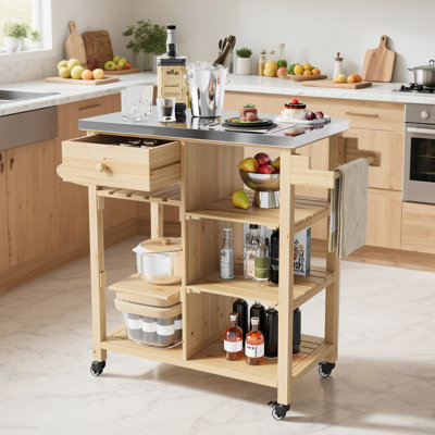 Yellow Outdoor Rolling Grill Cart for Patio Garden, Sturdy Wood Frame BBQ Kitchen Island with Stainless Steel Top, Storage Drawer, Open Shelves & Towel Racks