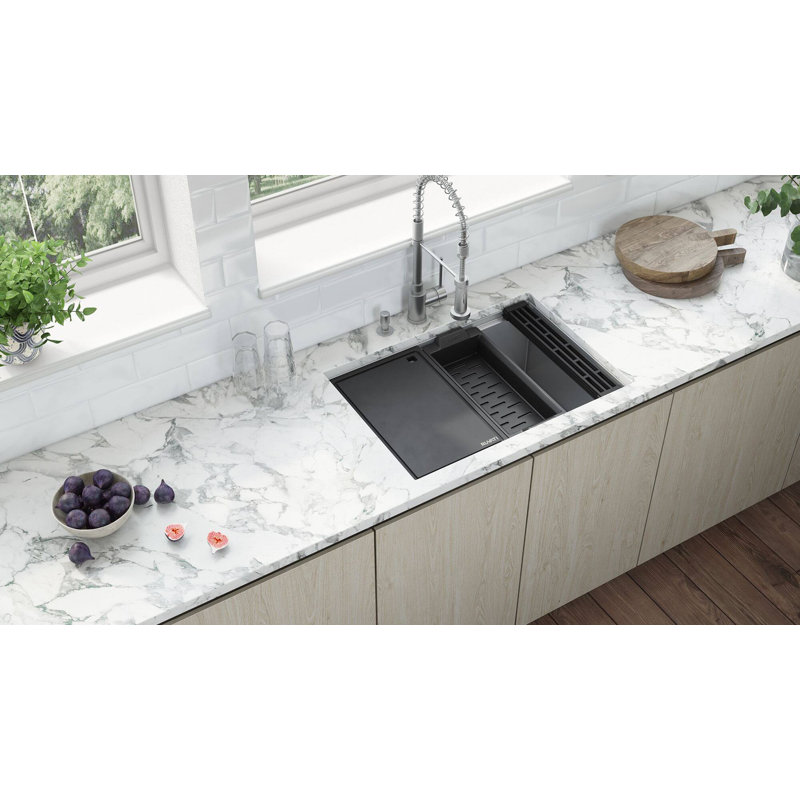Ruvati 27-inch Workstation Slope Bottom Offset Drain Undermount 16 Gauge Kitchen Sink, Silver
