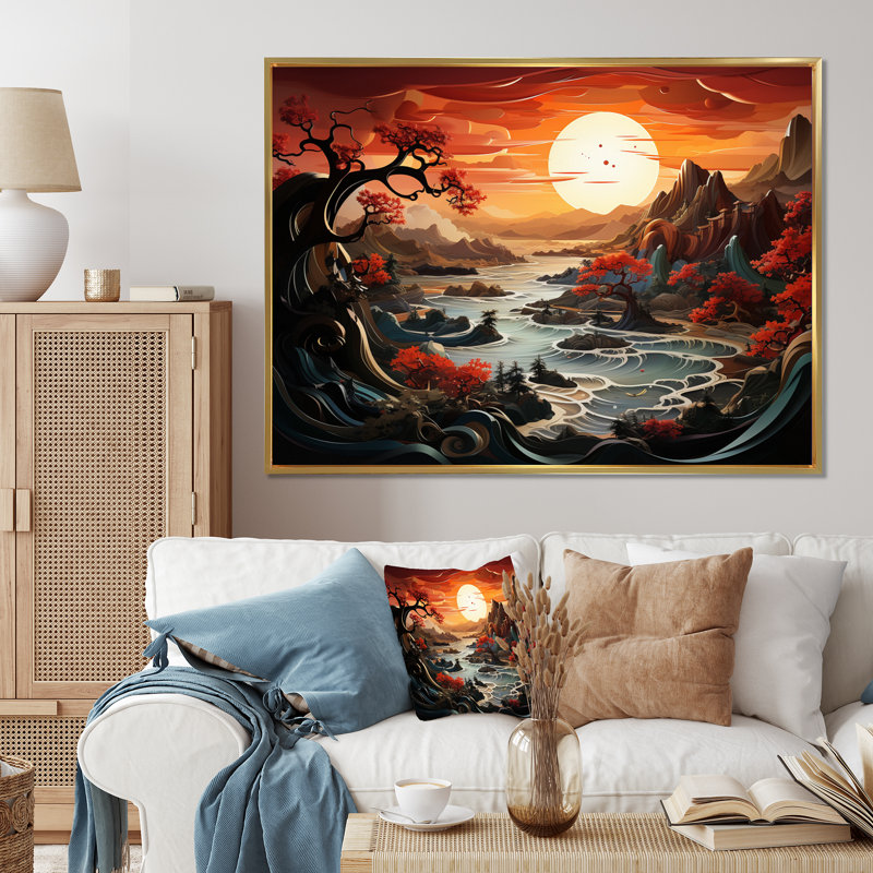 Chine, paysage de dragons - reproduction, H 24 po x l 32 po, Encadrement doré