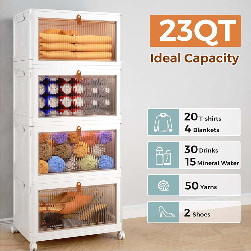 4 Tier Stackable Plastic Storage Bins With Lid And Wheels - 23 QT Closet Organizers And Storage, Foldable Storage Containers, Organization And Storage Boxes For Craft, Home, Pantry, Dorm