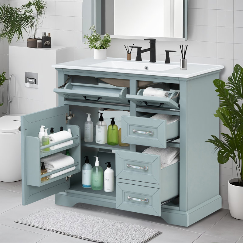 Ensemble de meuble-lavabo 36 po - Lavabo sous-comptoir en céramique, 2 tiroirs rabattables, charnières à fermeture en douceur