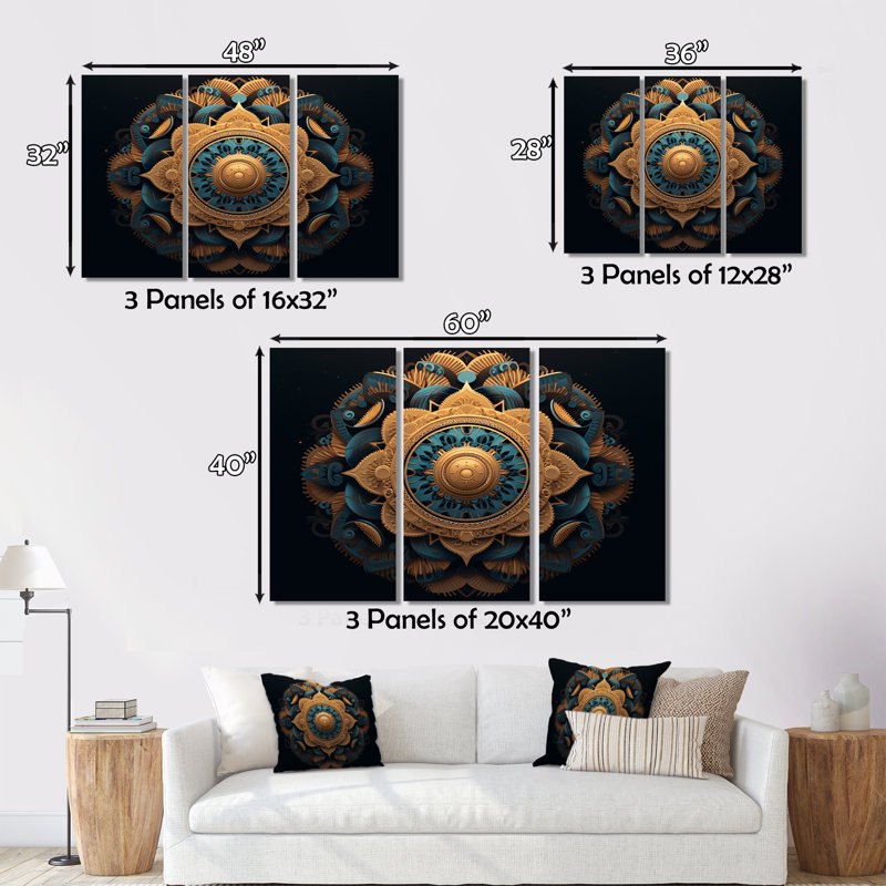 Ancienne Atlantis Mandala en or et turquoise III - ensemble d'art mural toile boho mandala, H 32 po x l 48 po x P 1 po