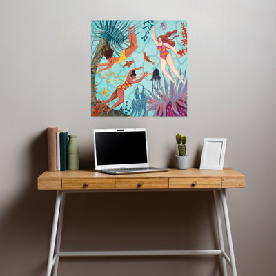 Swimming In The Ocean Jellyfish Starfish Fish Ocean Seascape Wall Art Print 1 Piece Wrapped Canvas Wall Art